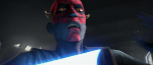 Finally arriving to attack Maul, Tano slashed at Maul before he used the Force in a powerful push, knocking her all the way back to the lifts.