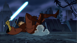 Ventress uses the Force to throw Anakin through foilage.