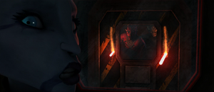 The Nightbrothers almost cut through the blaster doors causing a fearful Ventress to panic.