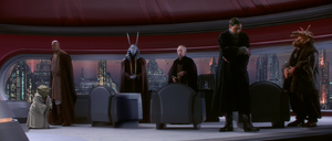 Chancellor Palpatine holds a meeting with Senators and the Jedi.