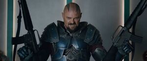 Skurge brandishing a pair of M-10 guns as he chose to redeem himself and save Asgard by engaging the remaining Berserkers that attempted to board the ship.