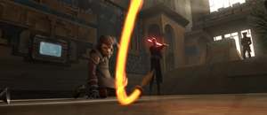 Dooku disarmed Anakin knocking the electro-whip from his hand.