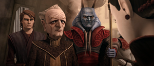 Queen Neeyutnee and Amidala greeted Palpatine as he disembarked from the shuttle.