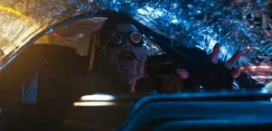 Dr. Robotnik's shocked reaction as Sonic uses his powers to make one final strike against the former's vehicle