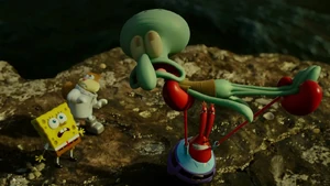 Mr. Krabs trying to feed Squidward to the pelicans.