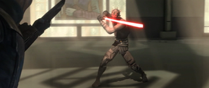 Darth Maul blocks more blaster bolts.