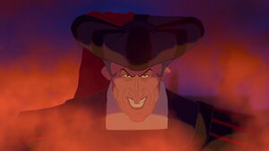 Frollo smiles sadistically as the flames surround Esmeralda.