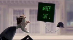 Bowler Hat Guy: "Waaatch... ou-" - DOR-15 warning the Bowler Hat Guy about the broken Memory Scanner after their first attempt to present it in Inventco failed.