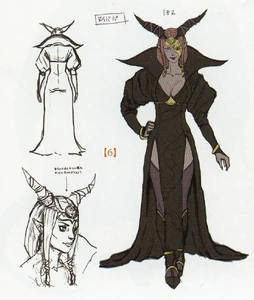 Concept art of Nuibaba for Fire Emblem Echoes: Shadows of Valentia. (The Japanese text identifies the smaller death mask on her mask as her ex-lover's.)