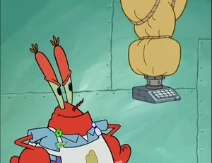 Mr. Krabs takes his cash register and shoves it in the Krabby Patty making machine