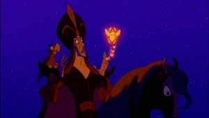 Iago and Jafar seeing the magic golden scarab flying.