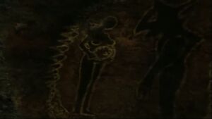 Cave painting of a Deep One and female human in Call of the Cthulhu: Dark Corners of the Earth