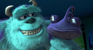 Randall becoming extremely nervous as a smirking Sulley intends to punish him for what he did.