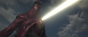 Gigan Rex shooting a laser from the eye in his chest.