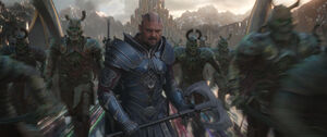 Skurge leads the army of Beserkers against Heimdall and the Asgardian resistance after demanding him to give up the sword to the Bifrost Bridge.