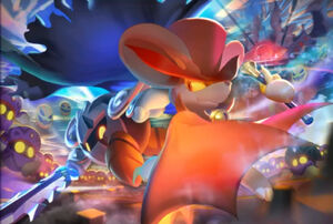 Dark Meta Knight with Daroach in Kirby Star Allies as one of the unlockable artwork.