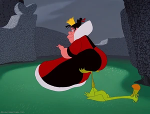 The Queen of Hearts sits on the legs of the flamingo.