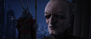 Chancellor Palpatine gives Rush Clovis his endorsement for him to be head of the Banking Clan.