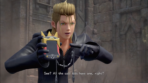 Demyx revealing to Riku his affiliation with Ienzo by holding his gummi-phone.