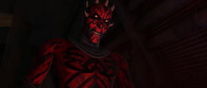 Maul snarls viciously as Kenobi rushes at him.