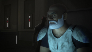 When Kanan asks Ezra what's wrong, Ezra sees Maul sneaking past Rex.