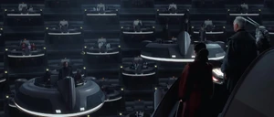 Amedda listening to Senator Palpatine state his case of his home plant of Naboo being invaded by the Trade Federation.