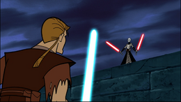 Skywalker stands and faces his enemy.