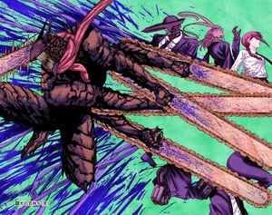 Denji bisects Makima and the Hybrids.