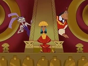 Yzma and Kronk behind Kuzco's throne