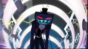 Exhausted from his battle with Alastor and full of rage, Vox smiles as he notices his rival, Charlie and Emily all in one place.