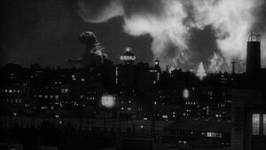 Godzilla leaves a trail of flames behind...