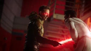 Thawne impaling and defeating Godspeed with his lightning sword.