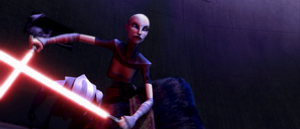 Ventress and her battle droids land in the pit.