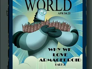 Armagedroid, depicted as being far more peaceful, on a magazine cover.