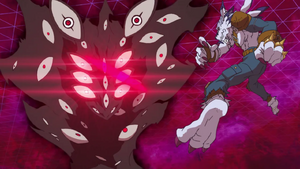 WereGarurumon attacking Eyesmon.