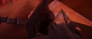 Ventress rides the Nightsister speeder through the forest on Dathomir.