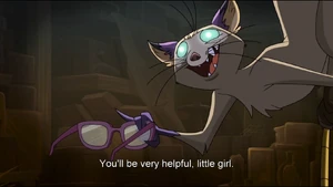 Cacomixtle about to put enchanted glasses on Teodora.
