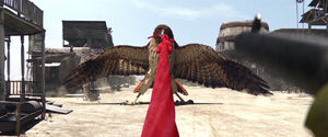 The Hawk in shock before Rango destroys a gravel-filled water tower