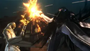 Bayonetta clashing with the Masked Lumen.