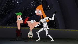 Candace helps the rest of the characters in this scene, minus Rebelpus (since he had a vehicle on his own), with a bus pod.