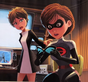 A storybook illustration of Helen (Elastigirl) discovering the goggles and Evelyn's true colors.
