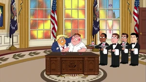 Trump fires nuclear missiles while beating Peter up.