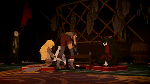 Raven, Vernal, Weiss, and Yang in Raven's tent.