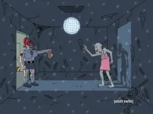 Alice forcing Skinny to dance for a sandwich.