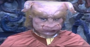 Sun Wukong disguises as Bull Demon King, meeting Red Boy.