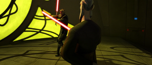 Opress with his new double-bladed lightsaber received training from Dooku.