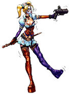 An artwork of Harley Quinn in her doctor uniform in Batman: Arkham Asylum.