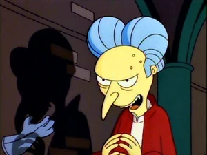 Mr. Burns' silouhette before revealing his true form, menacingly looking at the Simpson family if heading towards his castle in a car.
