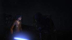 Alone and lost, Ezra reluctantly agrees to accompany the stranger into the Sith temple.