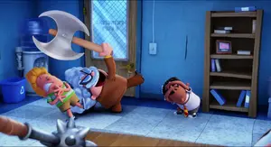 Poopypants unleashes his hatchet from the wall.